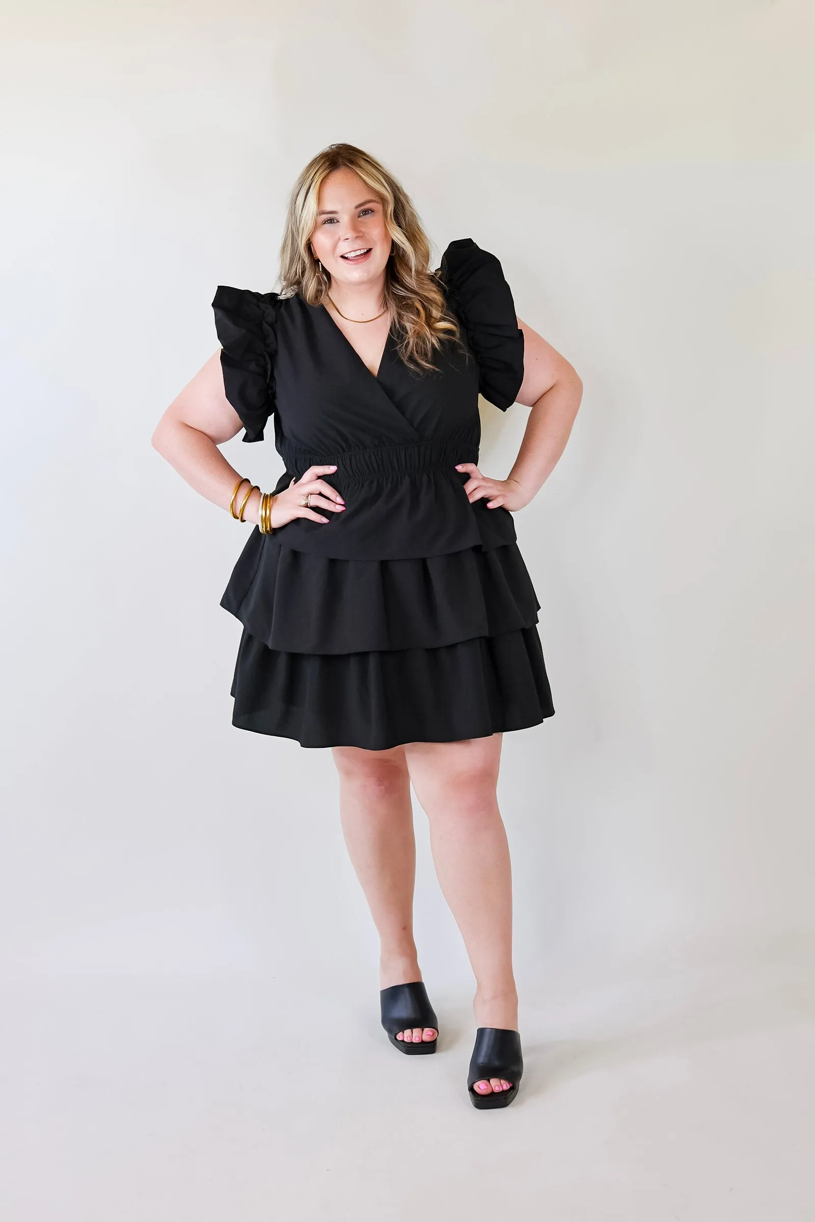 The Perfect Night Ruffle Cap Sleeve Dress in Black