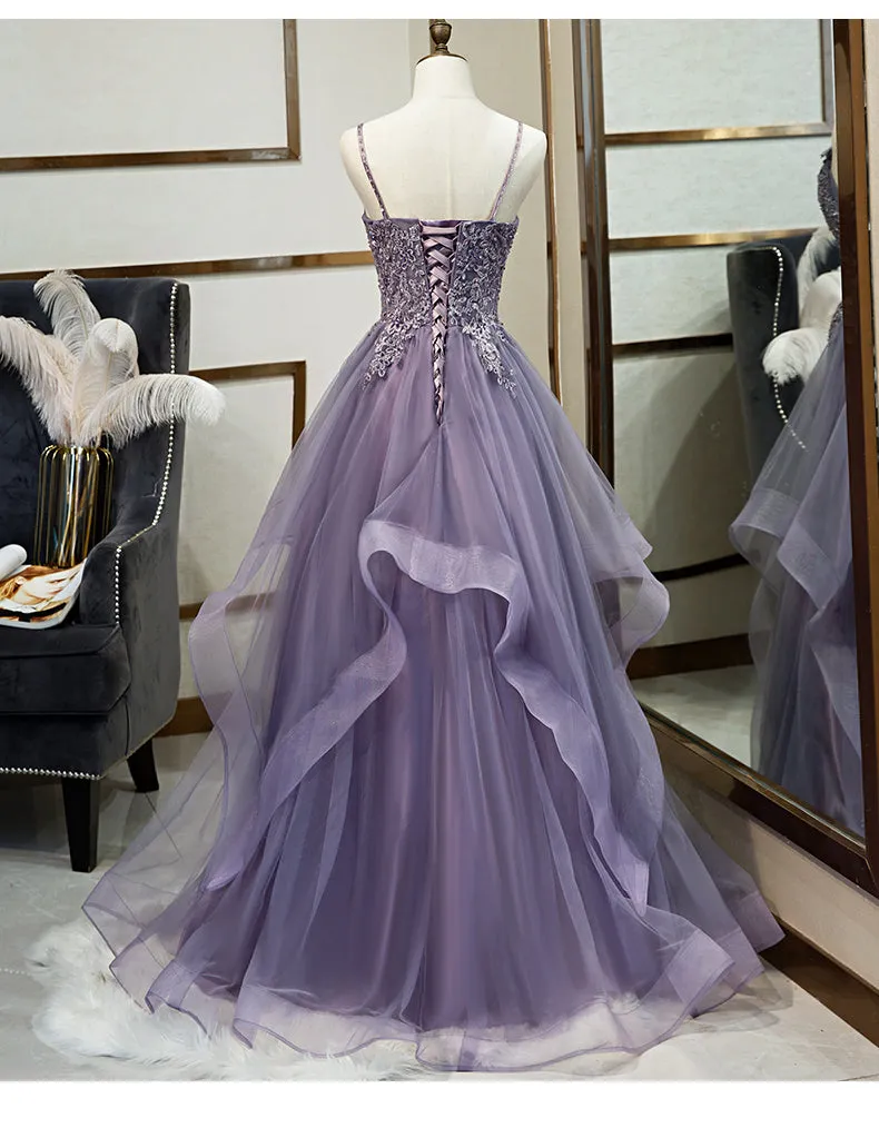 Tulle Long V-neckline Straps Layers Prom Dress, Evening Gown Formal Dress