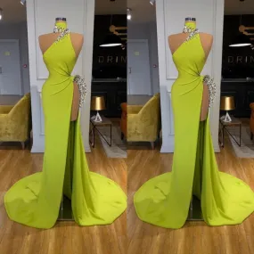 Unique Ginger yellow Triangle Neck Sexy high side-cut Long Evening Dress