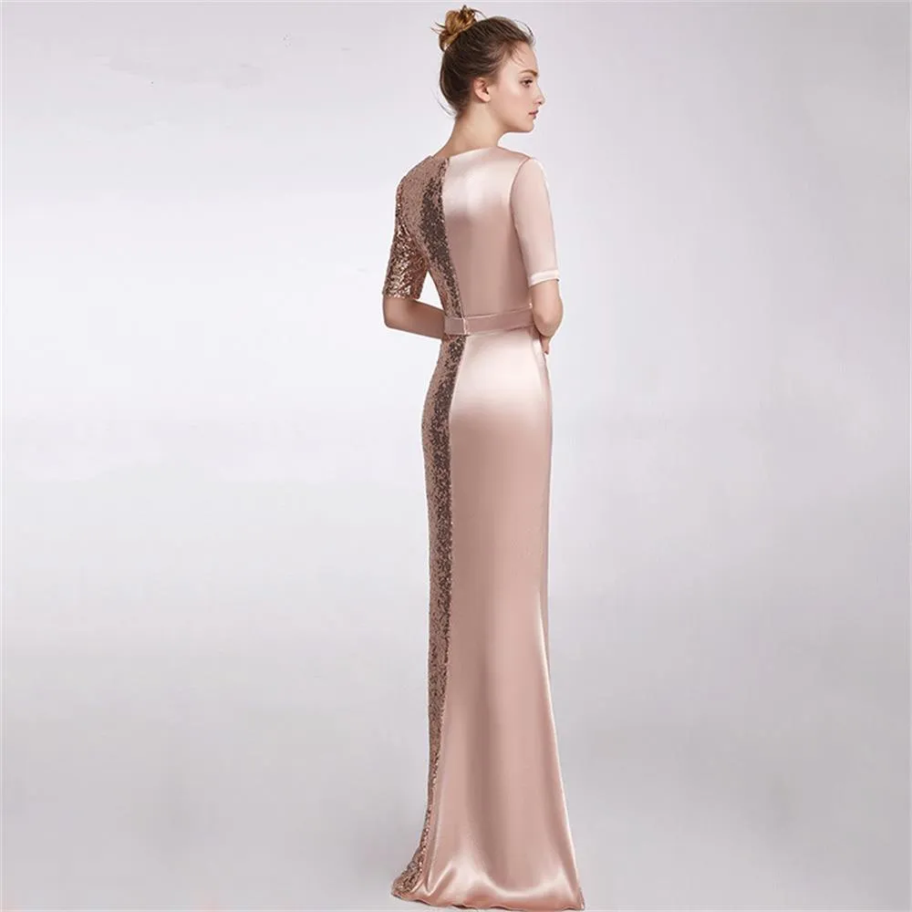 V-neck Elegant Half-Sleeve Evening Dress Bow Waist Formal Women Long Dress Satin & Sequins Prom