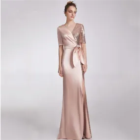 V-neck Elegant Half-Sleeve Evening Dress Bow Waist Formal Women Long Dress Satin & Sequins Prom