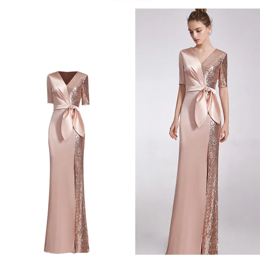 V-neck Elegant Half-Sleeve Evening Dress Bow Waist Formal Women Long Dress Satin & Sequins Prom