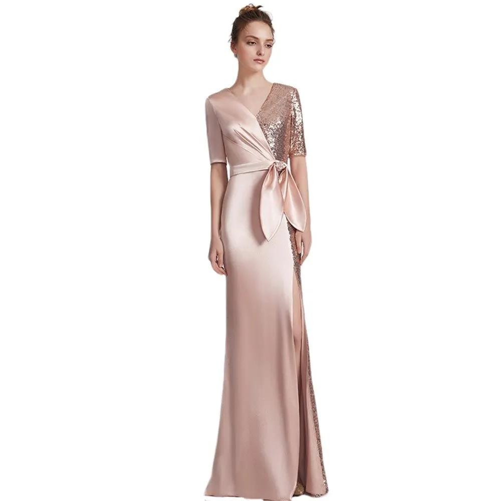 V-neck Elegant Half-Sleeve Evening Dress Bow Waist Formal Women Long Dress Satin & Sequins Prom