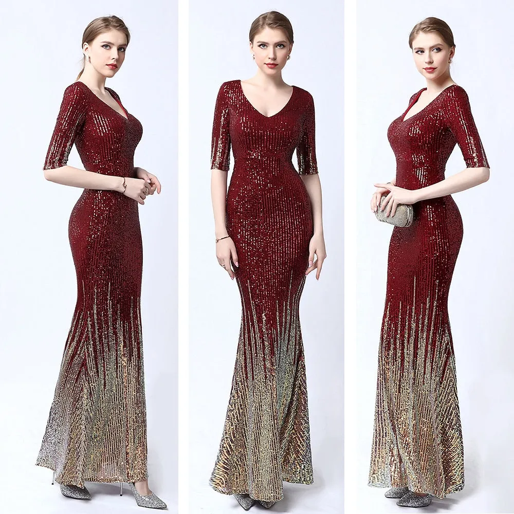 V-neck Evening Dress Half-Sleeves Shing Sequins Prom Gown Elegant Mermaid Party Dress For Women Long Robe De Soiree