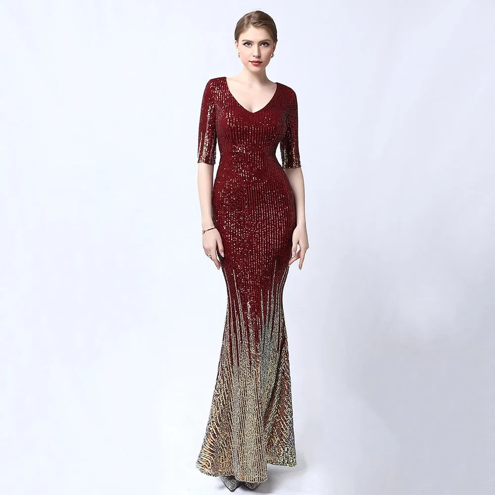 V-neck Evening Dress Half-Sleeves Shing Sequins Prom Gown Elegant Mermaid Party Dress For Women Long Robe De Soiree