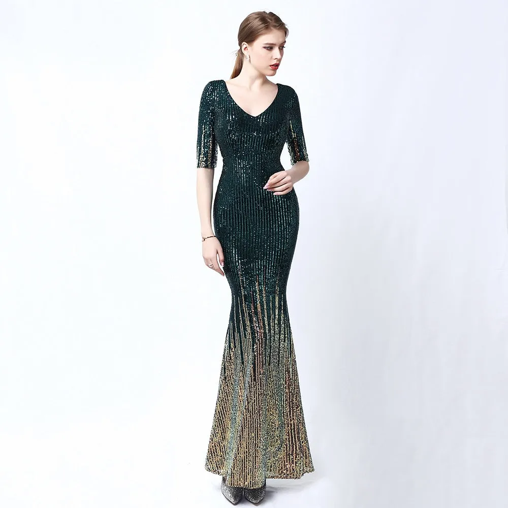 V-neck Evening Dress Half-Sleeves Shing Sequins Prom Gown Elegant Mermaid Party Dress For Women Long Robe De Soiree