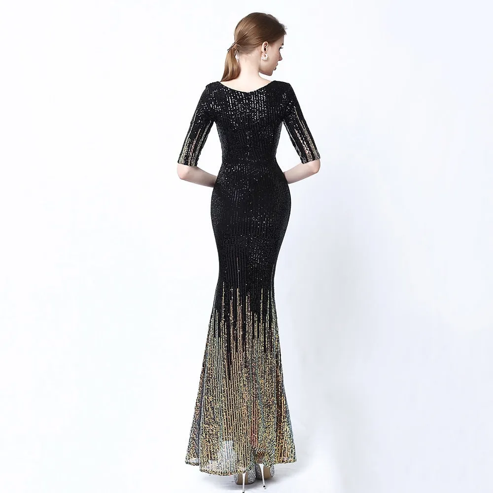 V-neck Evening Dress Half-Sleeves Shing Sequins Prom Gown Elegant Mermaid Party Dress For Women Long Robe De Soiree