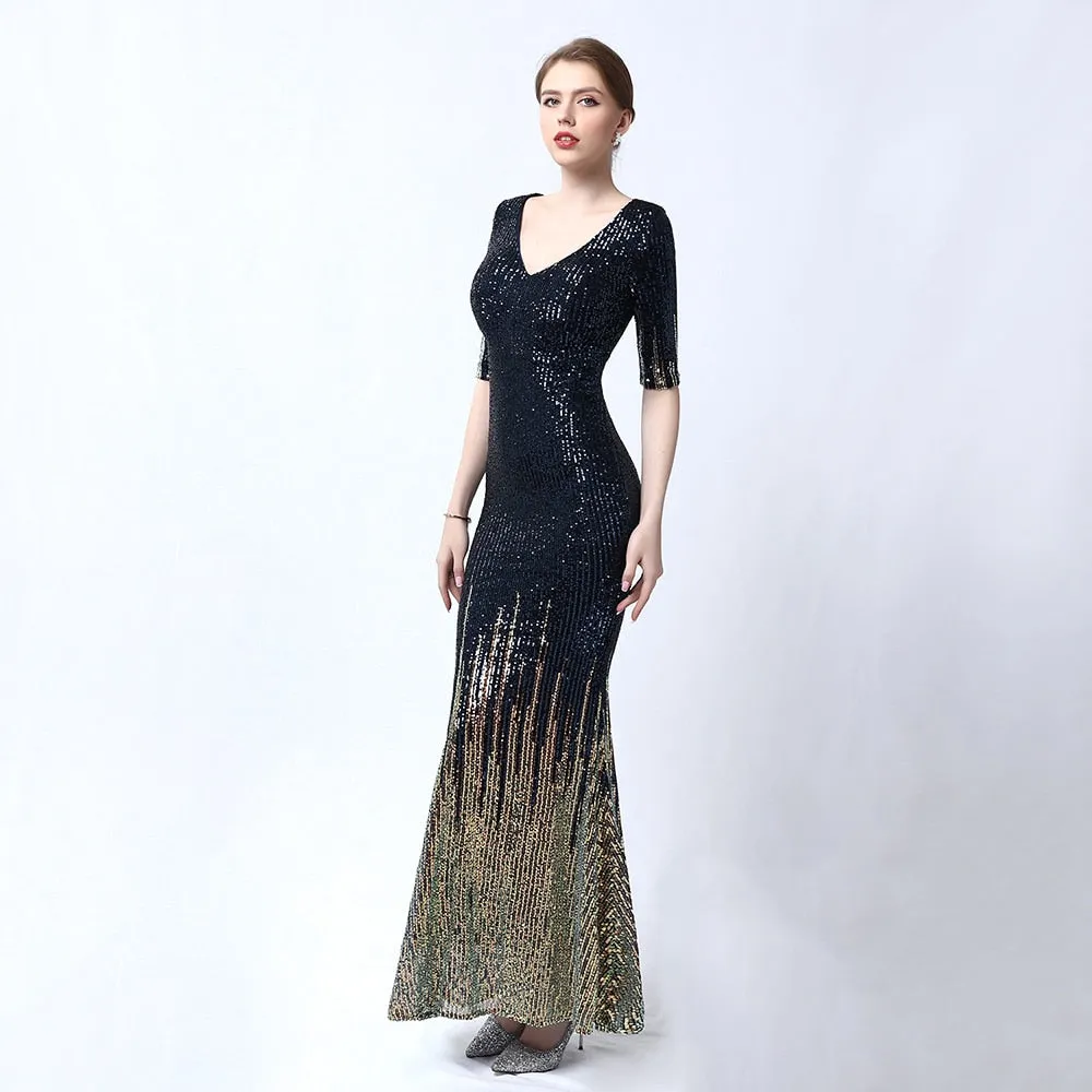 V-neck Evening Dress Half-Sleeves Shing Sequins Prom Gown Elegant Mermaid Party Dress For Women Long Robe De Soiree