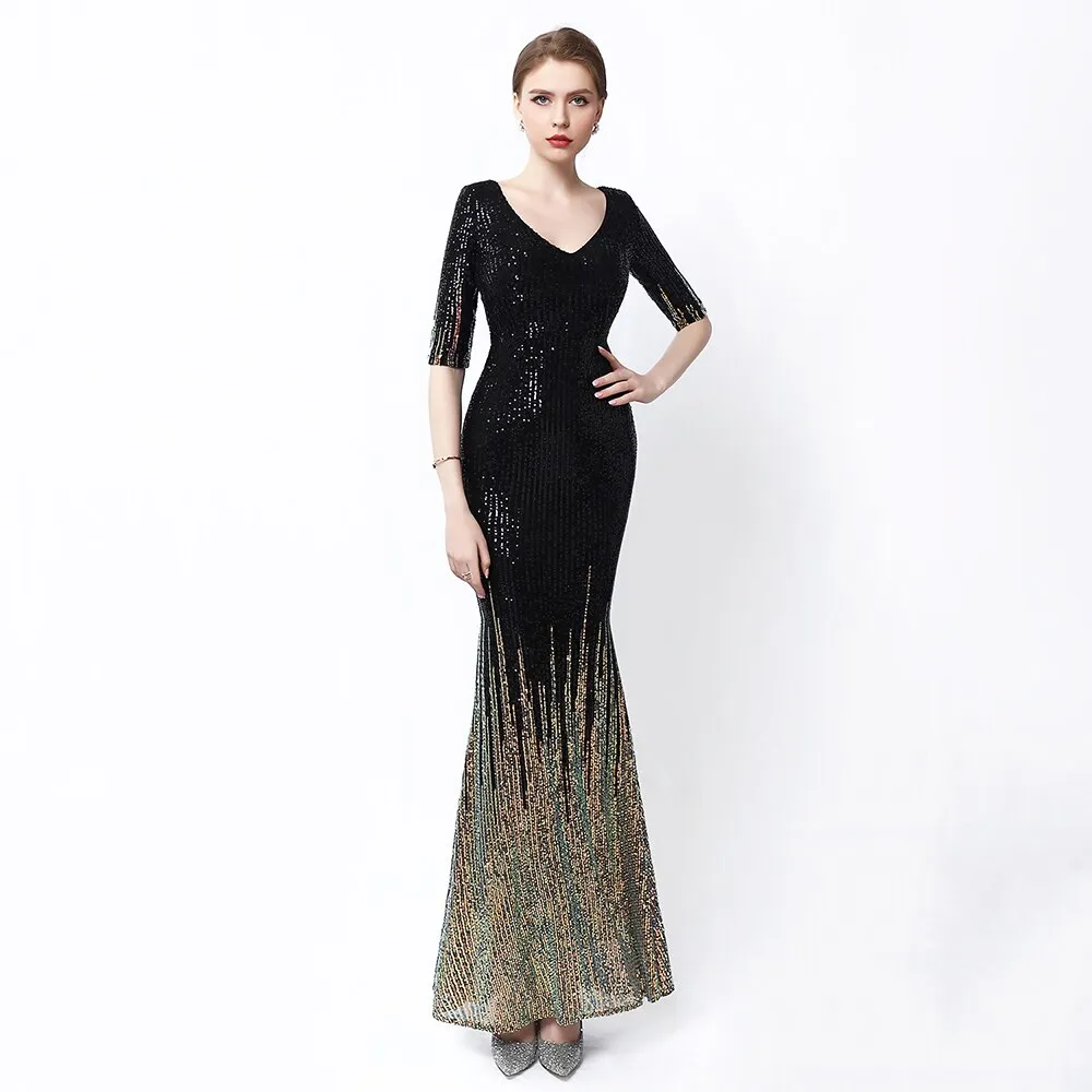 V-neck Evening Dress Half-Sleeves Shing Sequins Prom Gown Elegant Mermaid Party Dress For Women Long Robe De Soiree