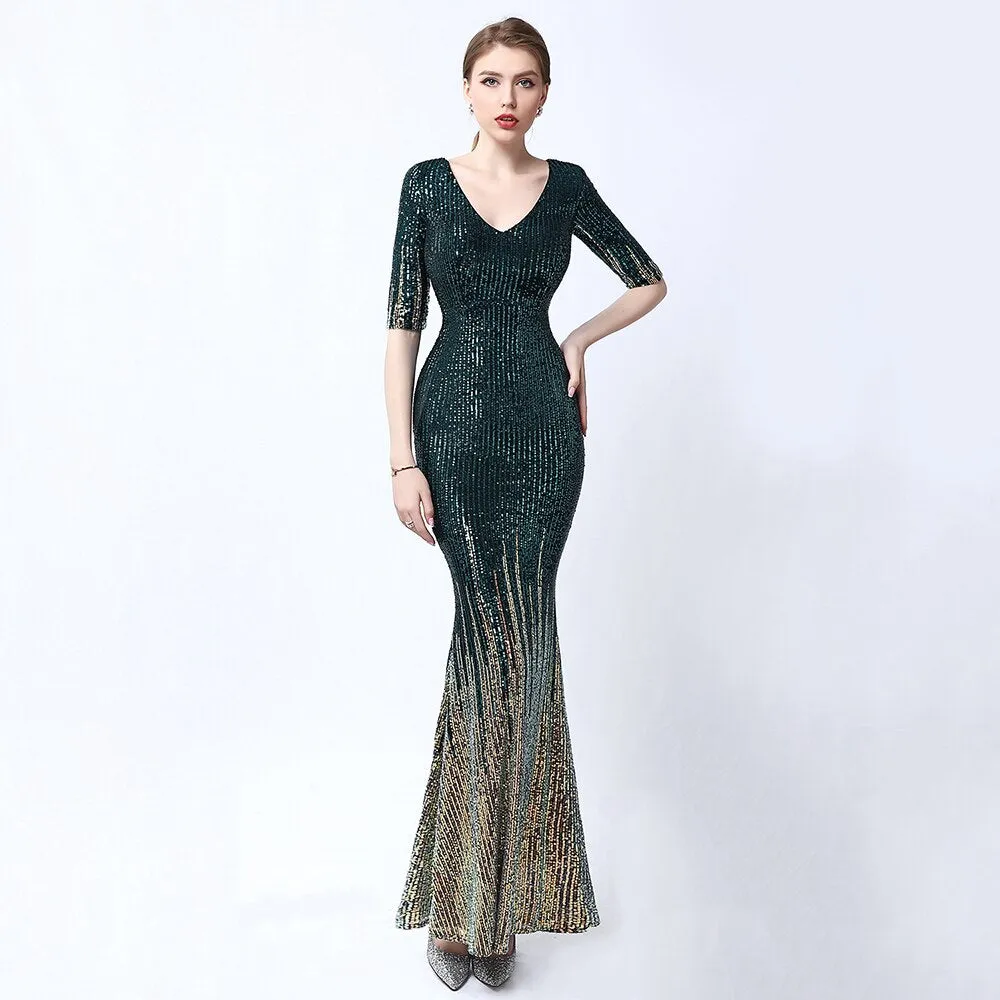 V-neck Evening Dress Half-Sleeves Shing Sequins Prom Gown Elegant Mermaid Party Dress For Women Long Robe De Soiree