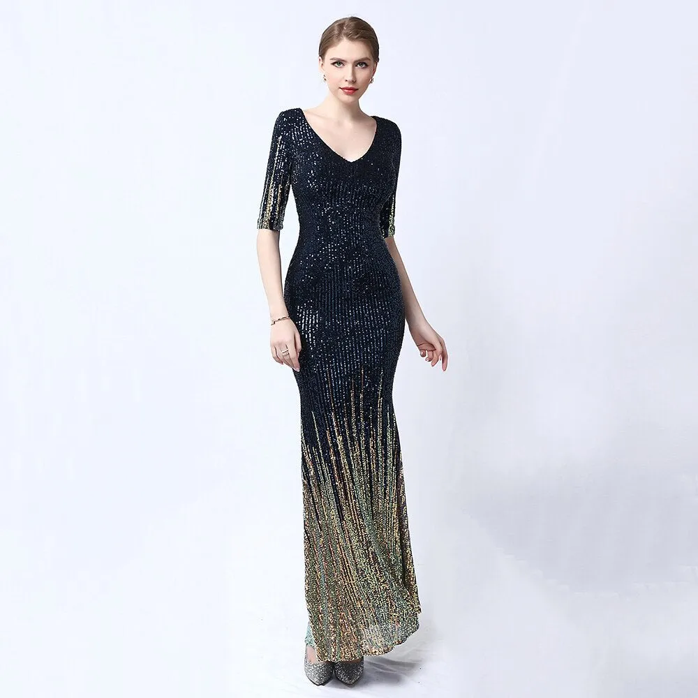 V-neck Evening Dress Half-Sleeves Shing Sequins Prom Gown Elegant Mermaid Party Dress For Women Long Robe De Soiree