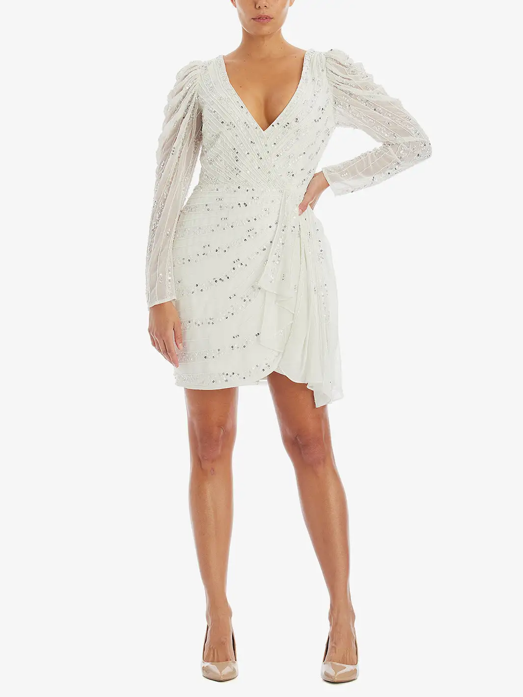 V-Neck Long Sleeve Beaded Dress