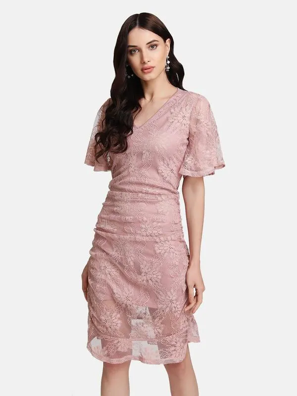 V-Neck Ruched Lace Dress