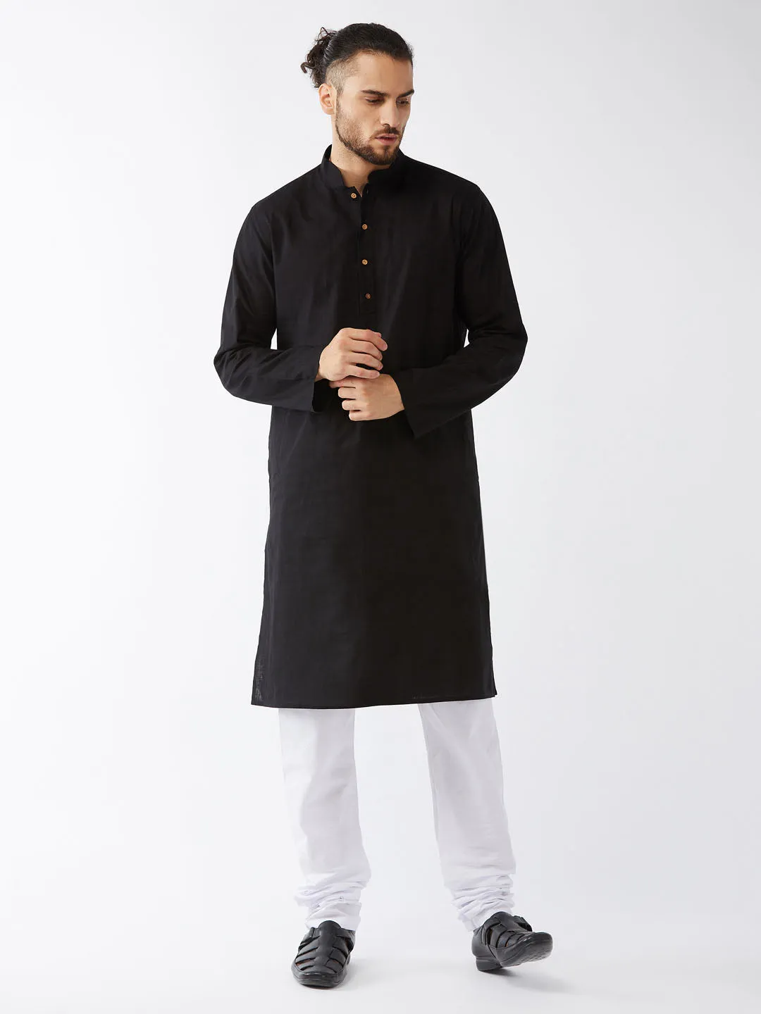 VASTRAMAY Men's Black Cotton Linen Blend Kurta and Pyjama Set