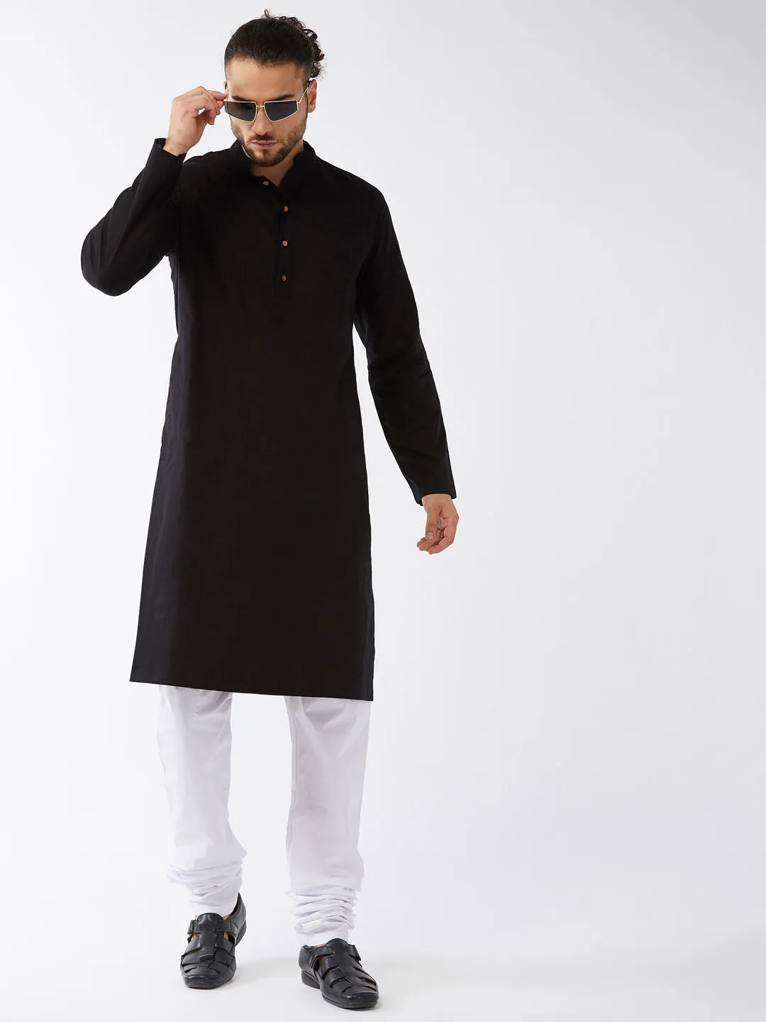 VASTRAMAY Men's Black Cotton Linen Blend Kurta and Pyjama Set