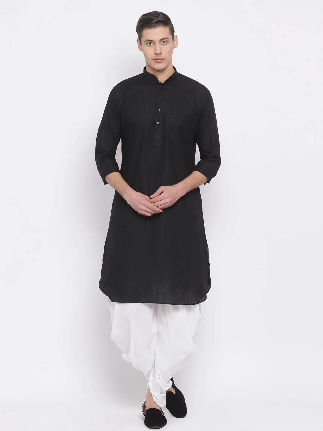 VASTRAMAY Men's Black Cotton Linen Blend Kurta