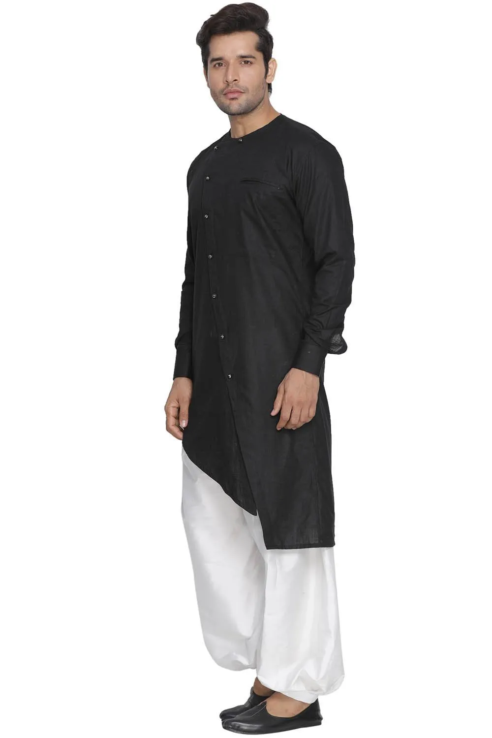 VASTRAMAY Men's Black Linen Kurta and Patiala Set