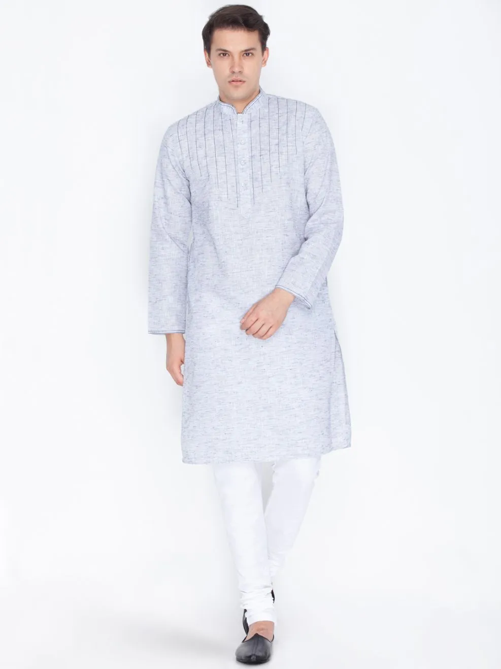 VASTRAMAY Men's Blue Color Linen Kurta and Pyjama Set