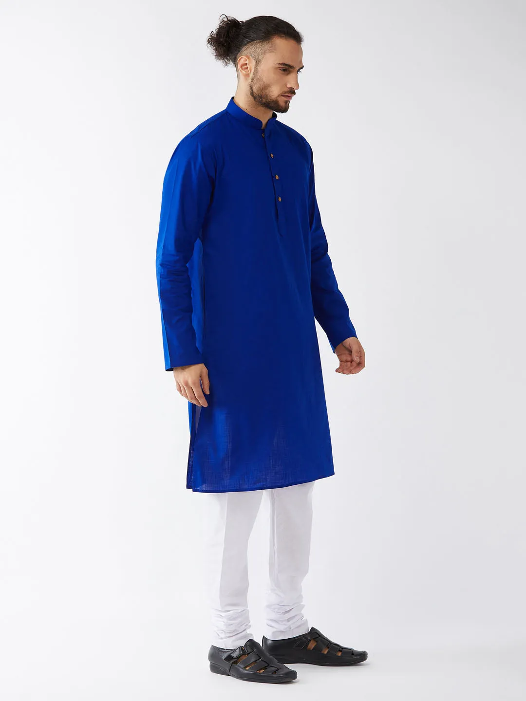 VASTRAMAY Men's Blue Cotton Linen Blend Kurta and Pyjama Set