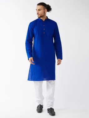 VASTRAMAY Men's Blue Cotton Linen Blend Kurta and Pyjama Set