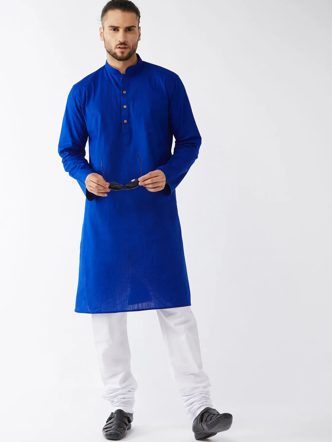 VASTRAMAY Men's Blue Cotton Linen Blend Kurta and Pyjama Set