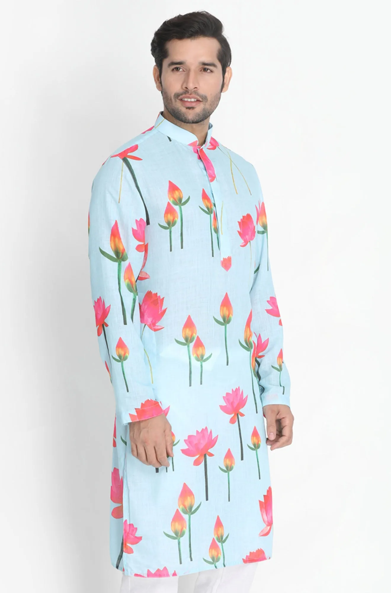 VASTRAMAY Men's Light Blue Cotton Linen Blend Kurta