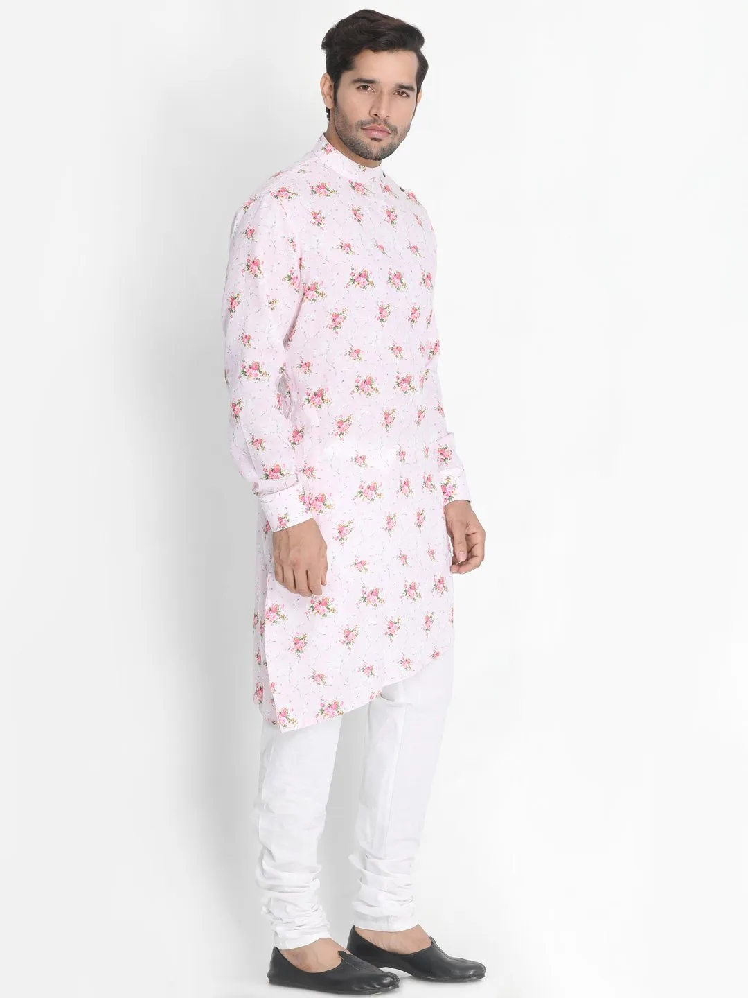 VASTRAMAY Men's Pink Cotton Linen Blend Kurta and Pyjama Set