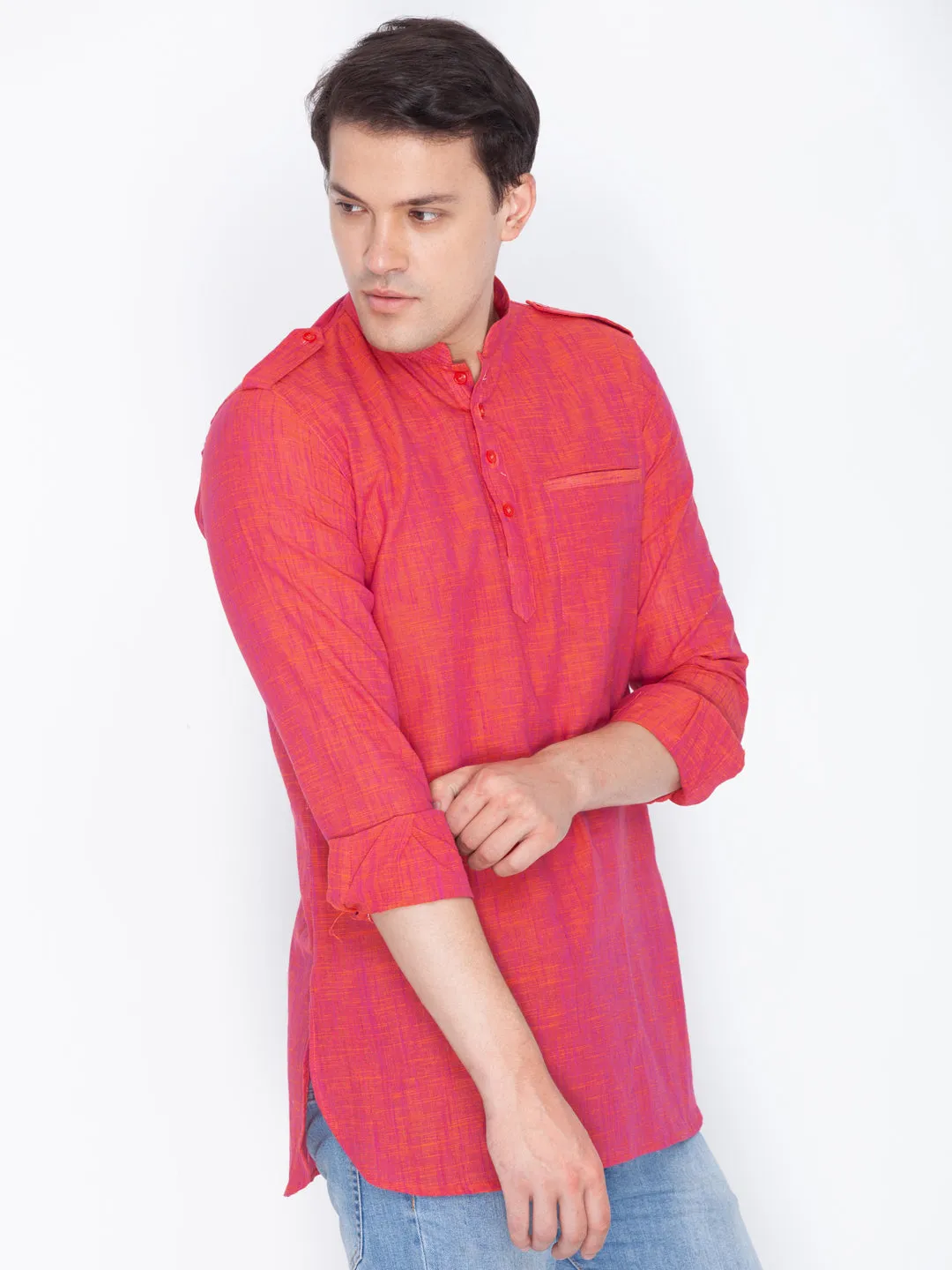 Vastramay Men's Red Linen Short Kurta