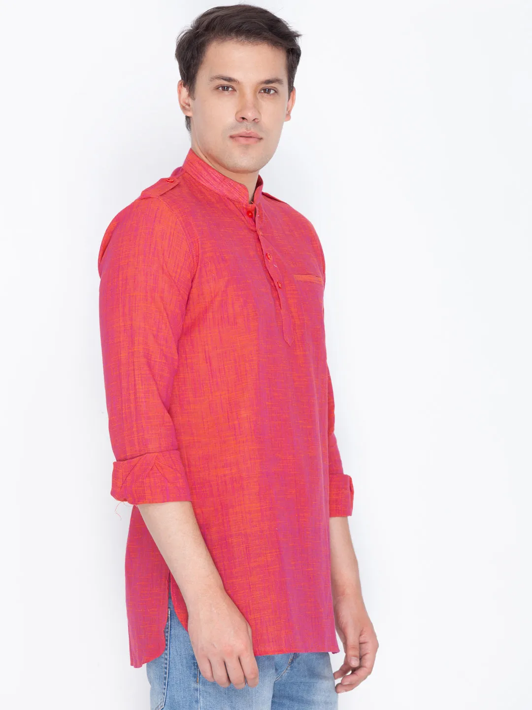 Vastramay Men's Red Linen Short Kurta