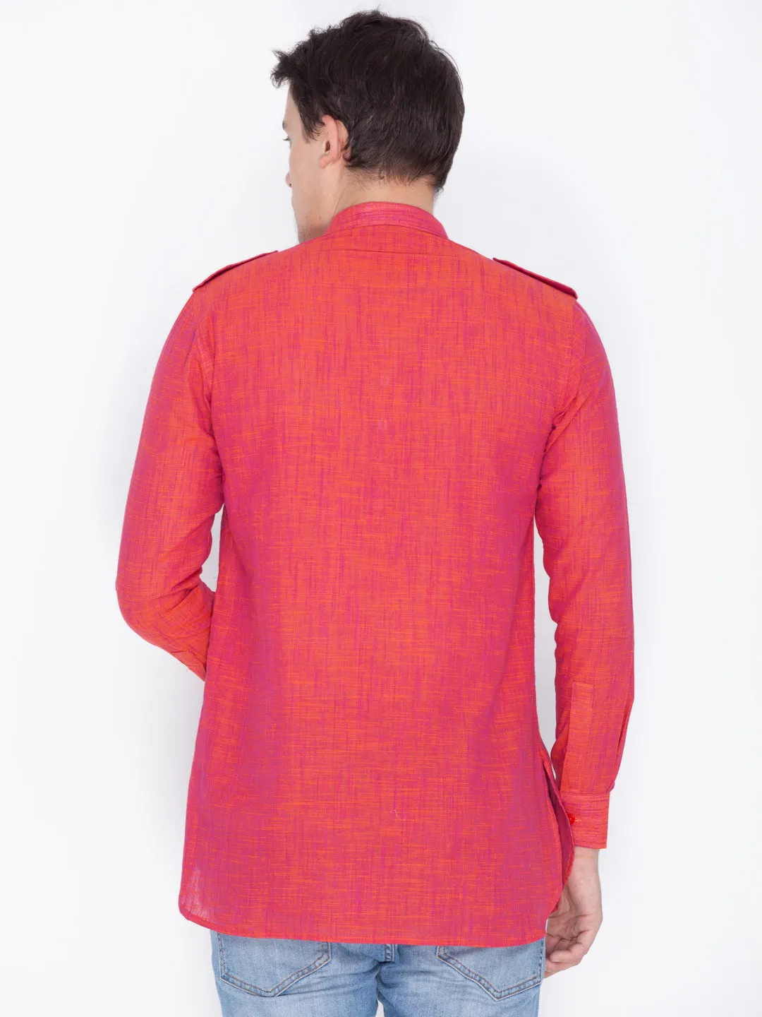 Vastramay Men's Red Linen Short Kurta