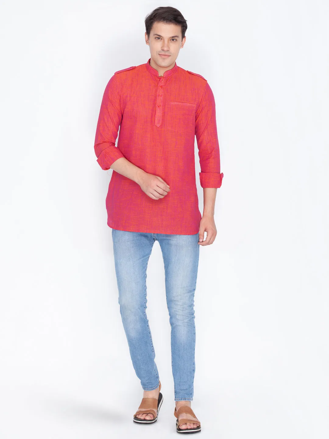 Vastramay Men's Red Linen Short Kurta