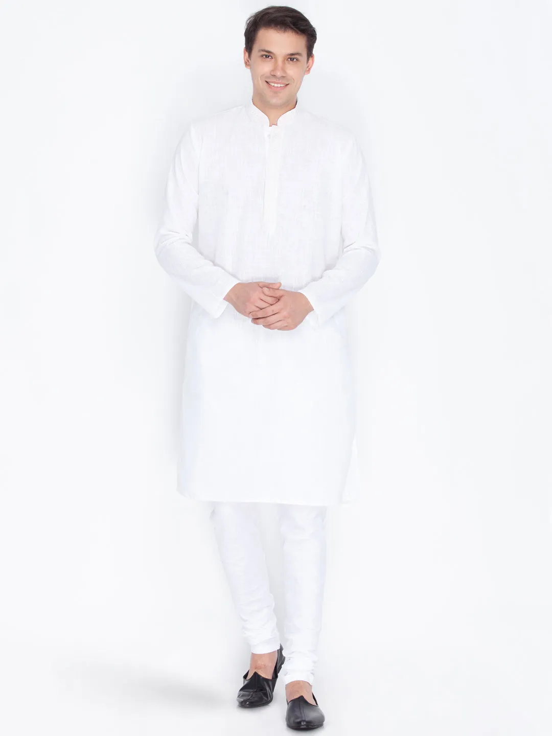 VASTRAMAY Men's White Color Linen Kurta