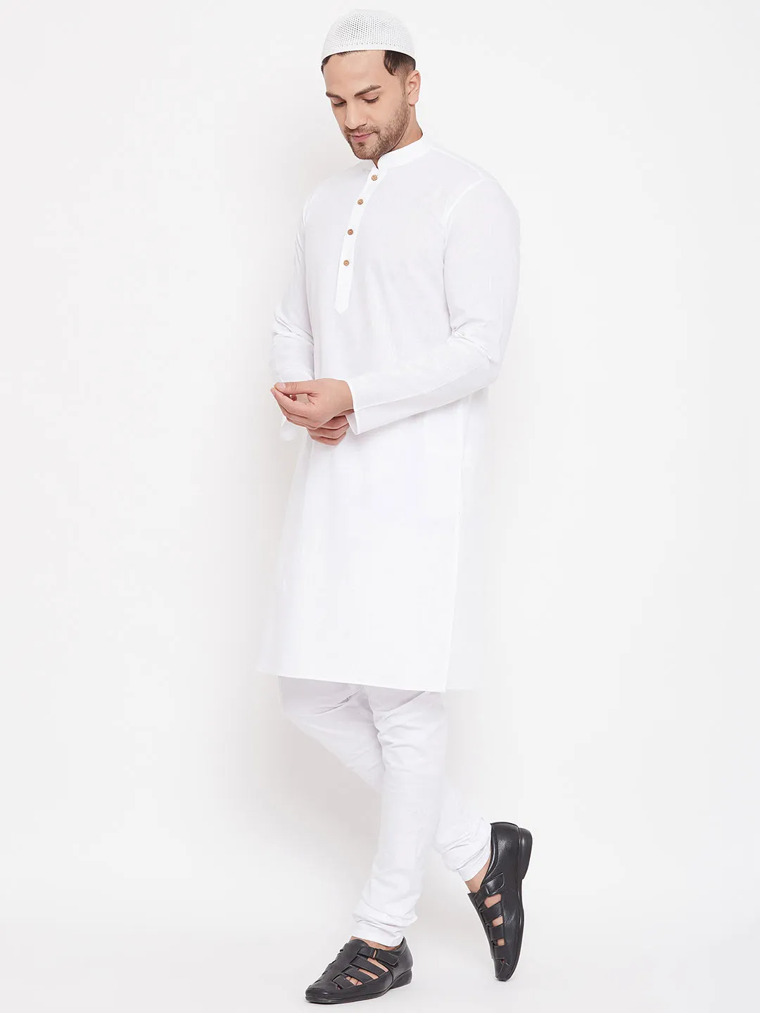 VASTRAMAY Men's White Cotton Linen Blend Kurta Churidar Set