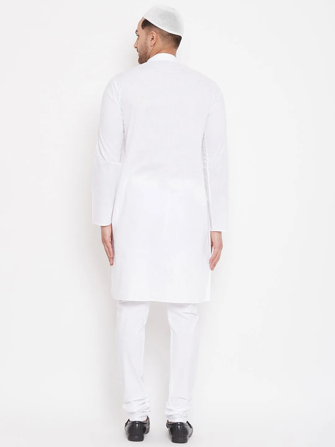 VASTRAMAY Men's White Cotton Linen Blend Kurta Churidar Set