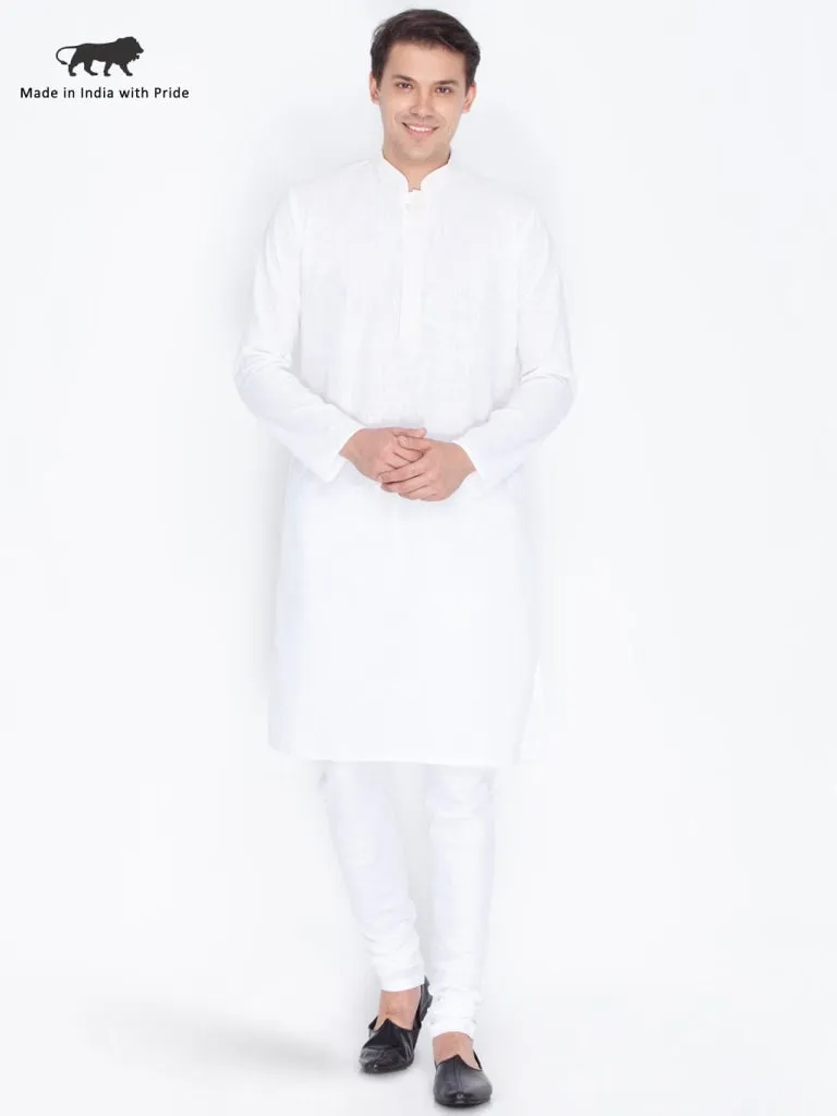 VASTRAMAY Men's White Linen Kurta and Churidar Set