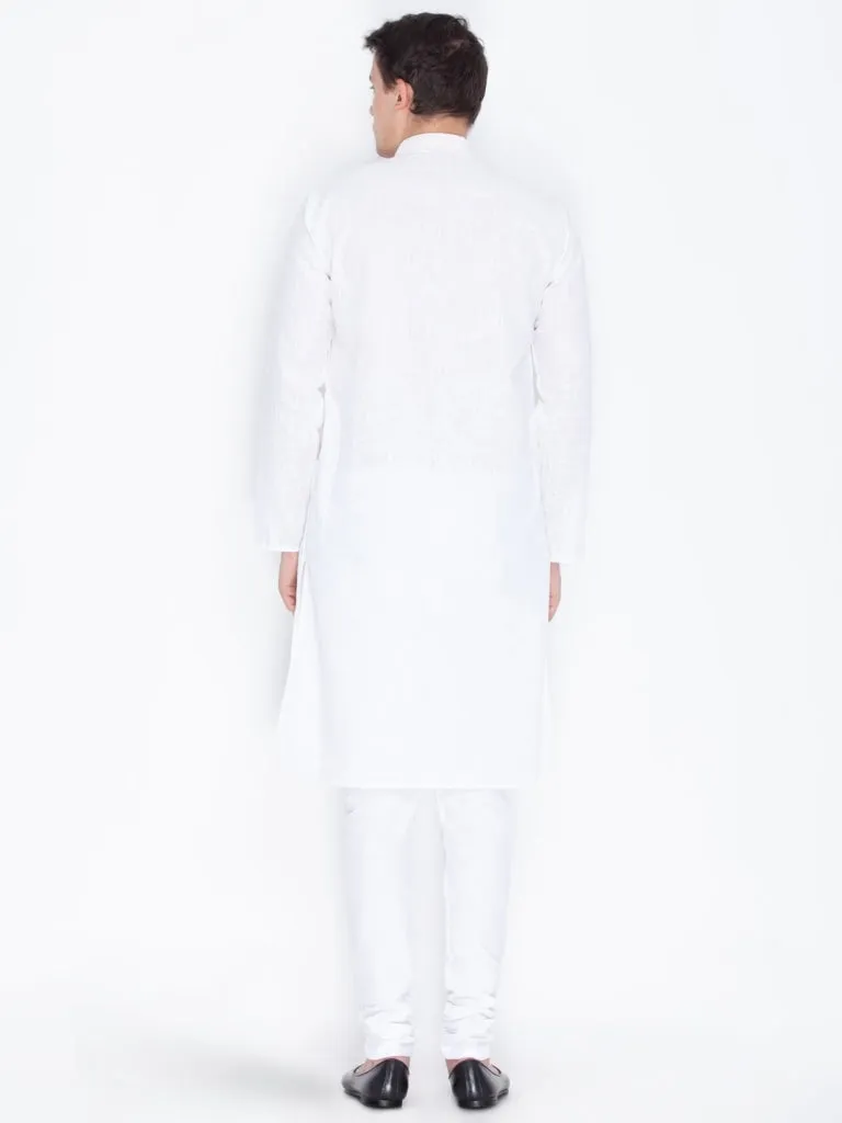 VASTRAMAY Men's White Linen Kurta and Churidar Set