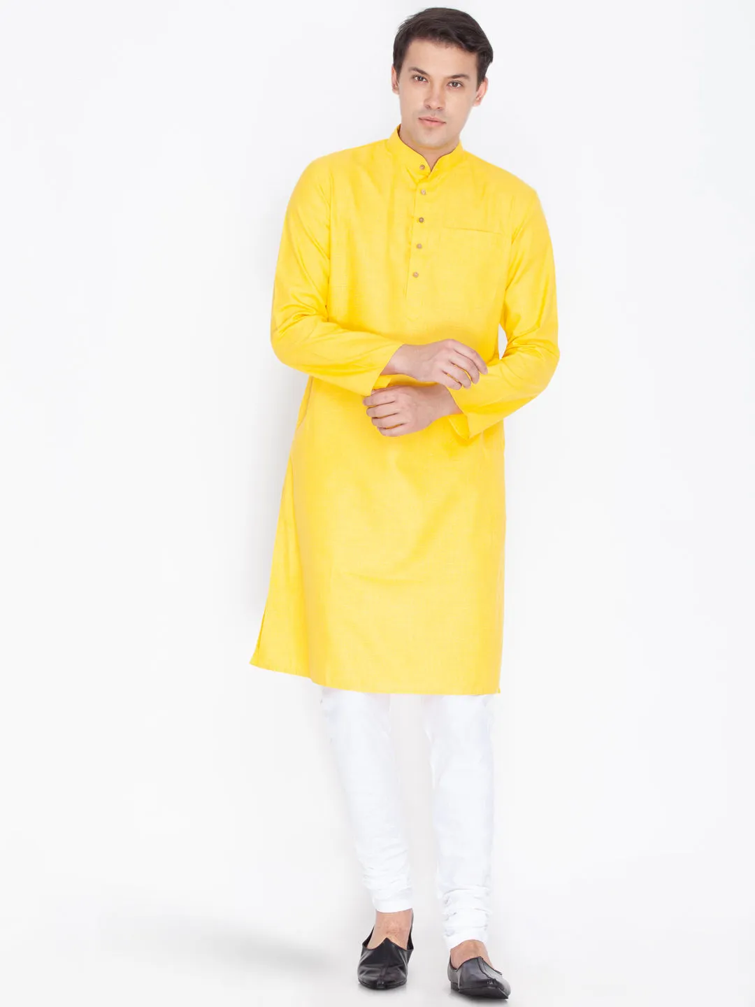 VASTRAMAY Men's Yellow Linen Kurta and Pyjama Set