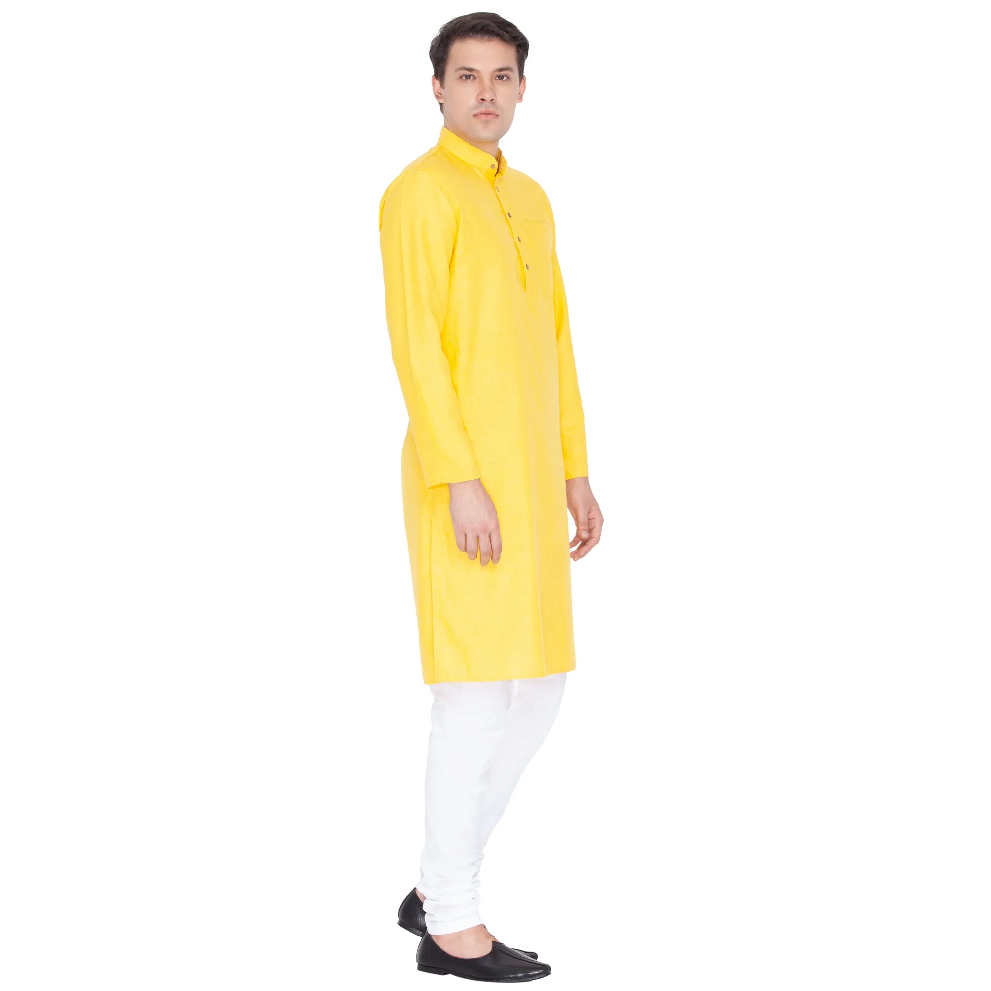 VASTRAMAY Men's Yellow Linen Kurta and Pyjama Set