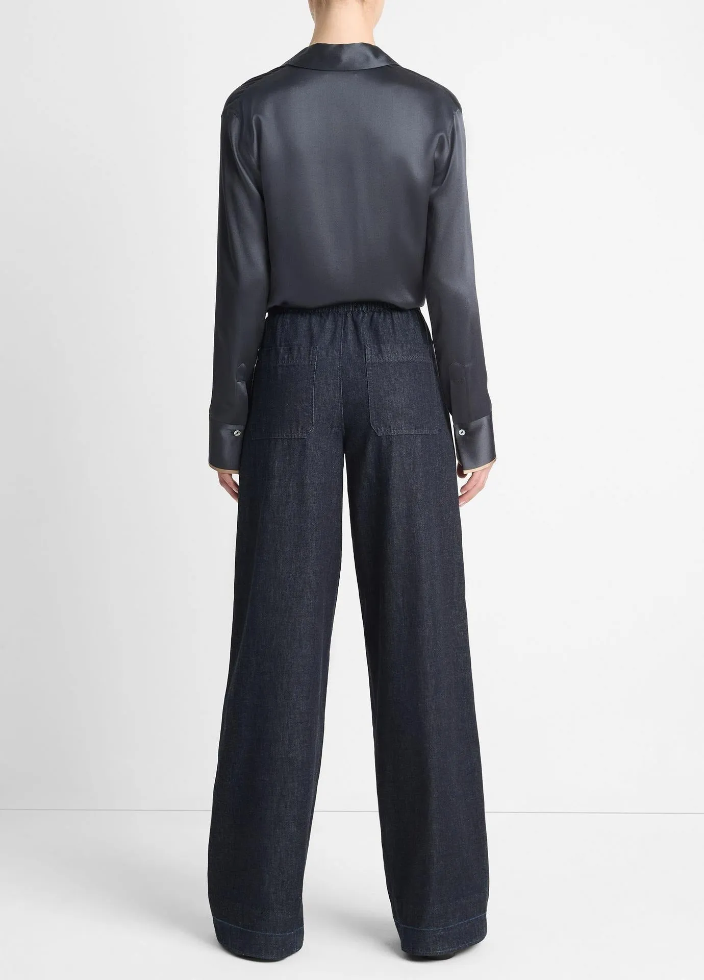 Vince Low-Rise Pull-On Wide-Leg Twill Pant in Washed Indigo