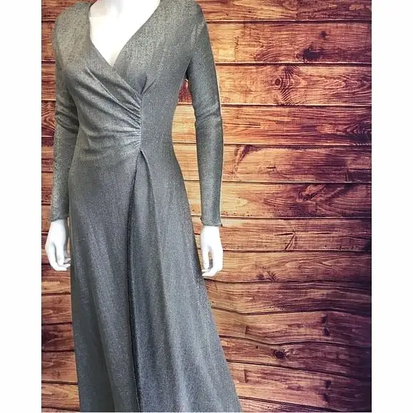 VintageSilverLame Faux Wrap Gown Long Dress