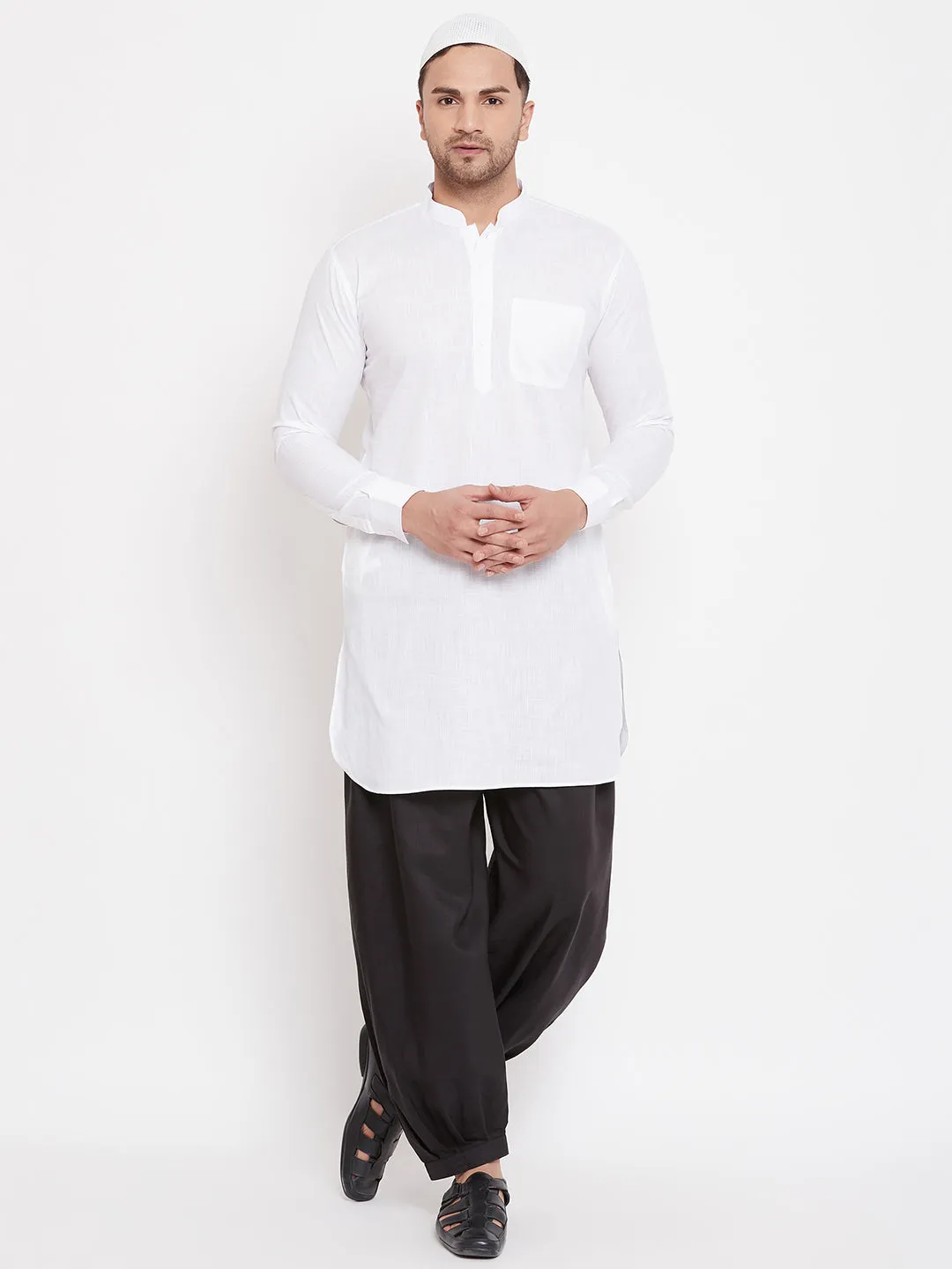 VM BY VASTRAMAY Men's White And Black Cotton Linen Blend Pathani Kurta Set