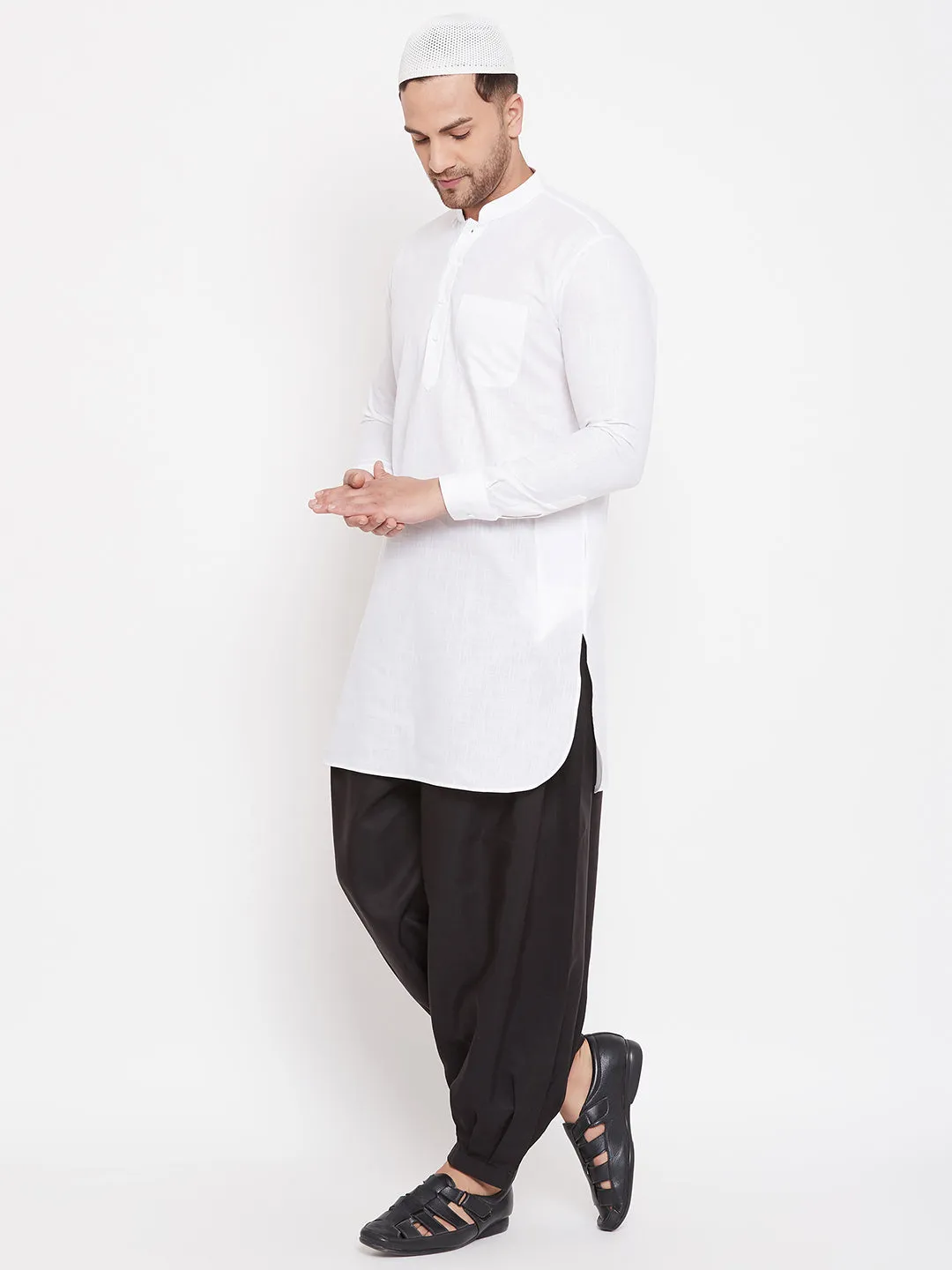 VM BY VASTRAMAY Men's White And Black Cotton Linen Blend Pathani Kurta Set