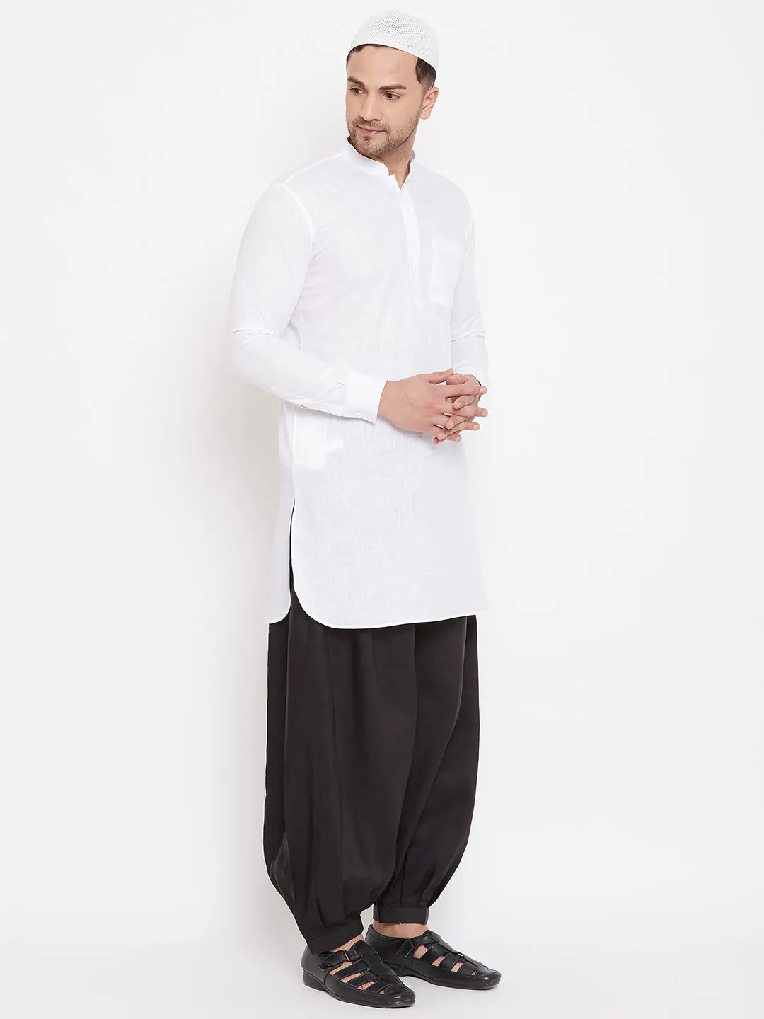 VM BY VASTRAMAY Men's White And Black Cotton Linen Blend Pathani Kurta Set