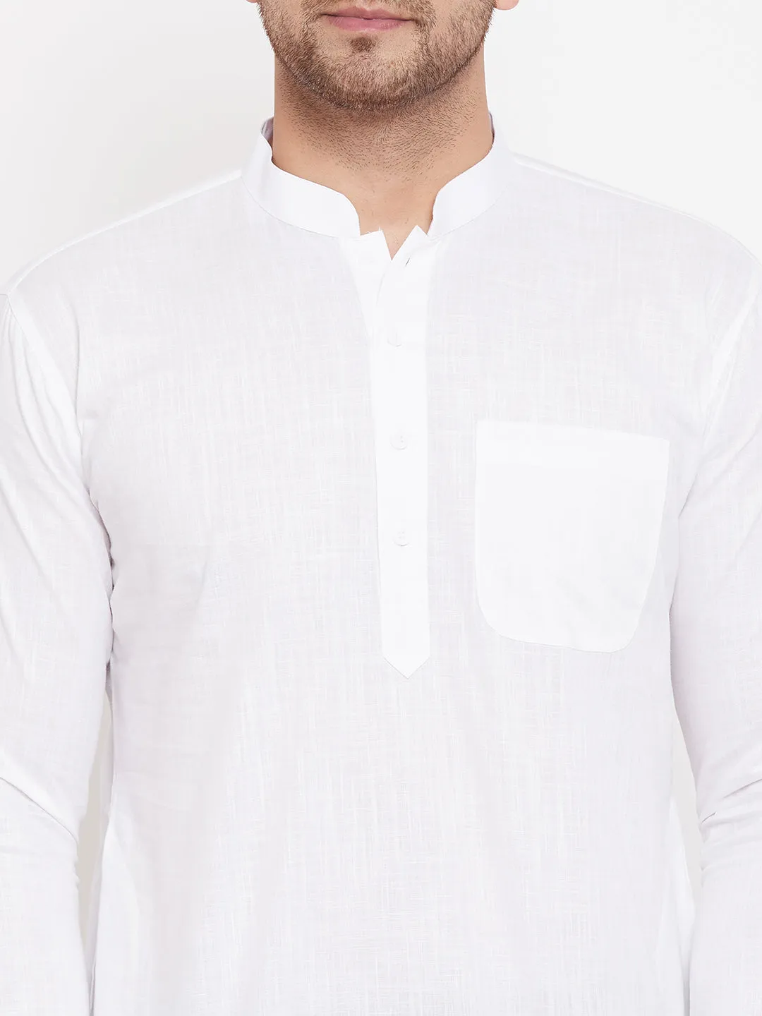 VM BY VASTRAMAY Men's White And Black Cotton Linen Blend Pathani Kurta Set