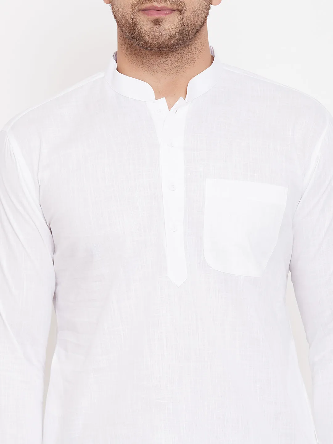 VM BY VASTRAMAY Men's White Cotton Linen Blend Pathani Kurta Set With Prayer Cap