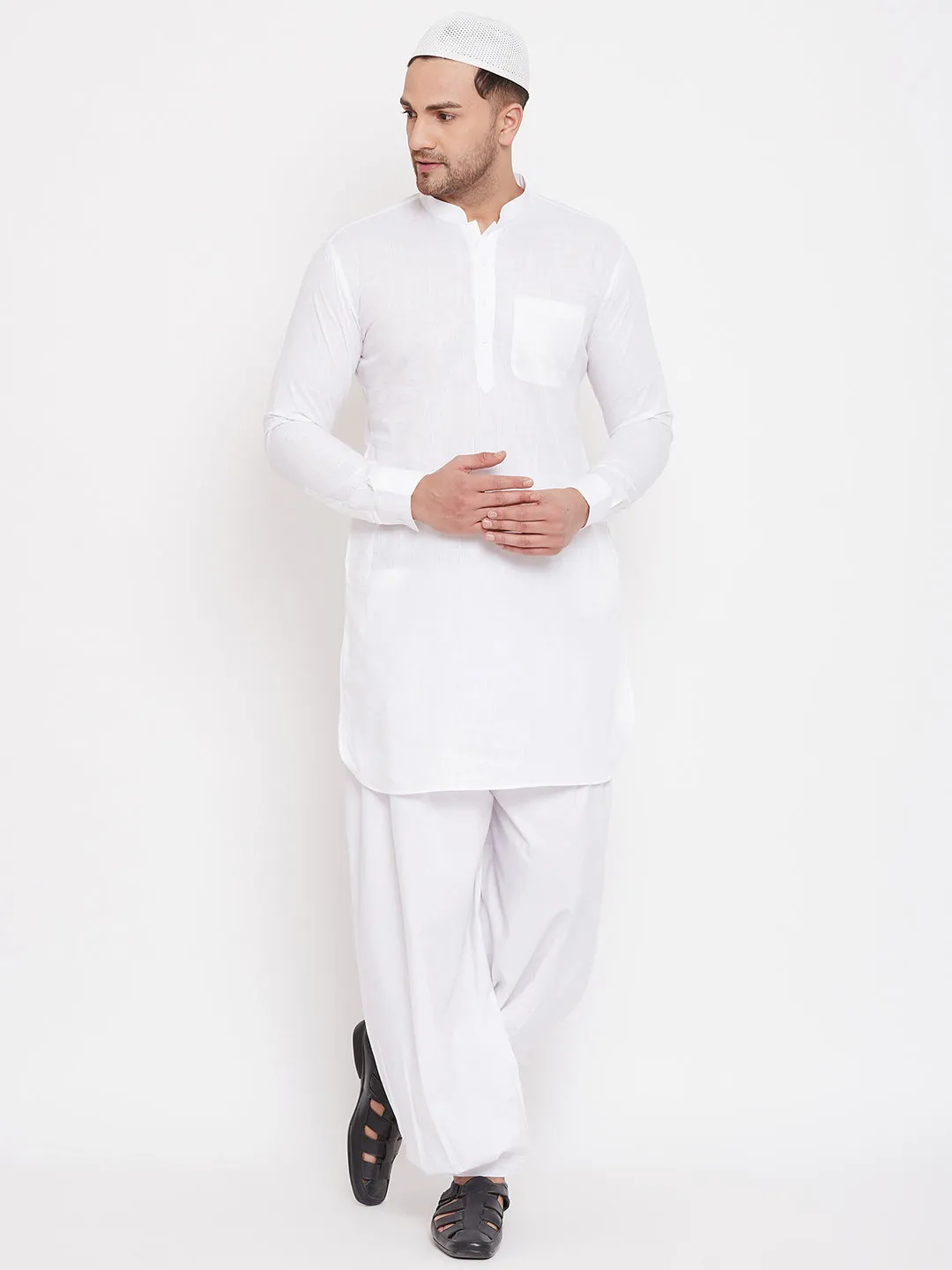 VM BY VASTRAMAY Men's White Cotton Linen Blend Pathani Kurta Set With Prayer Cap