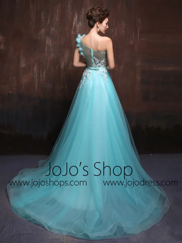 Whimsical Grecian One Shoulder Turquoise Tulle Formal Evening Prom Dress X005