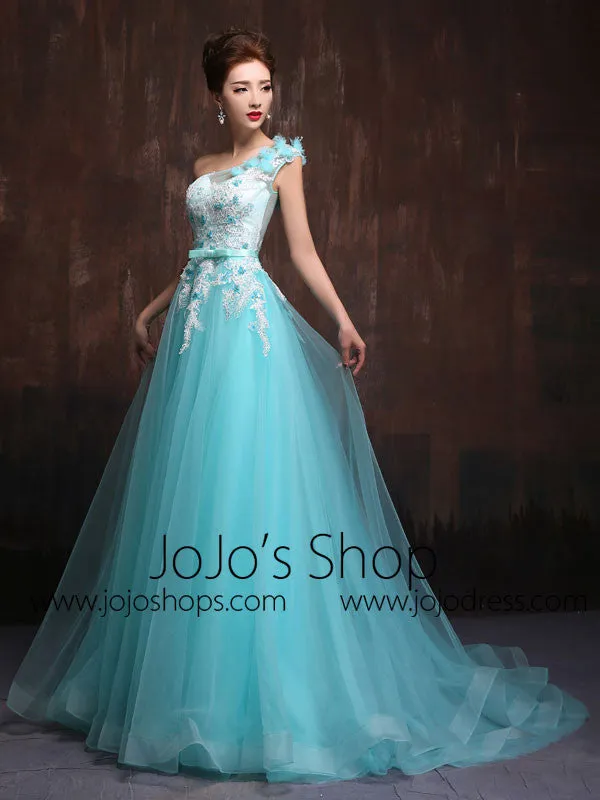 Whimsical Grecian One Shoulder Turquoise Tulle Formal Evening Prom Dress X005