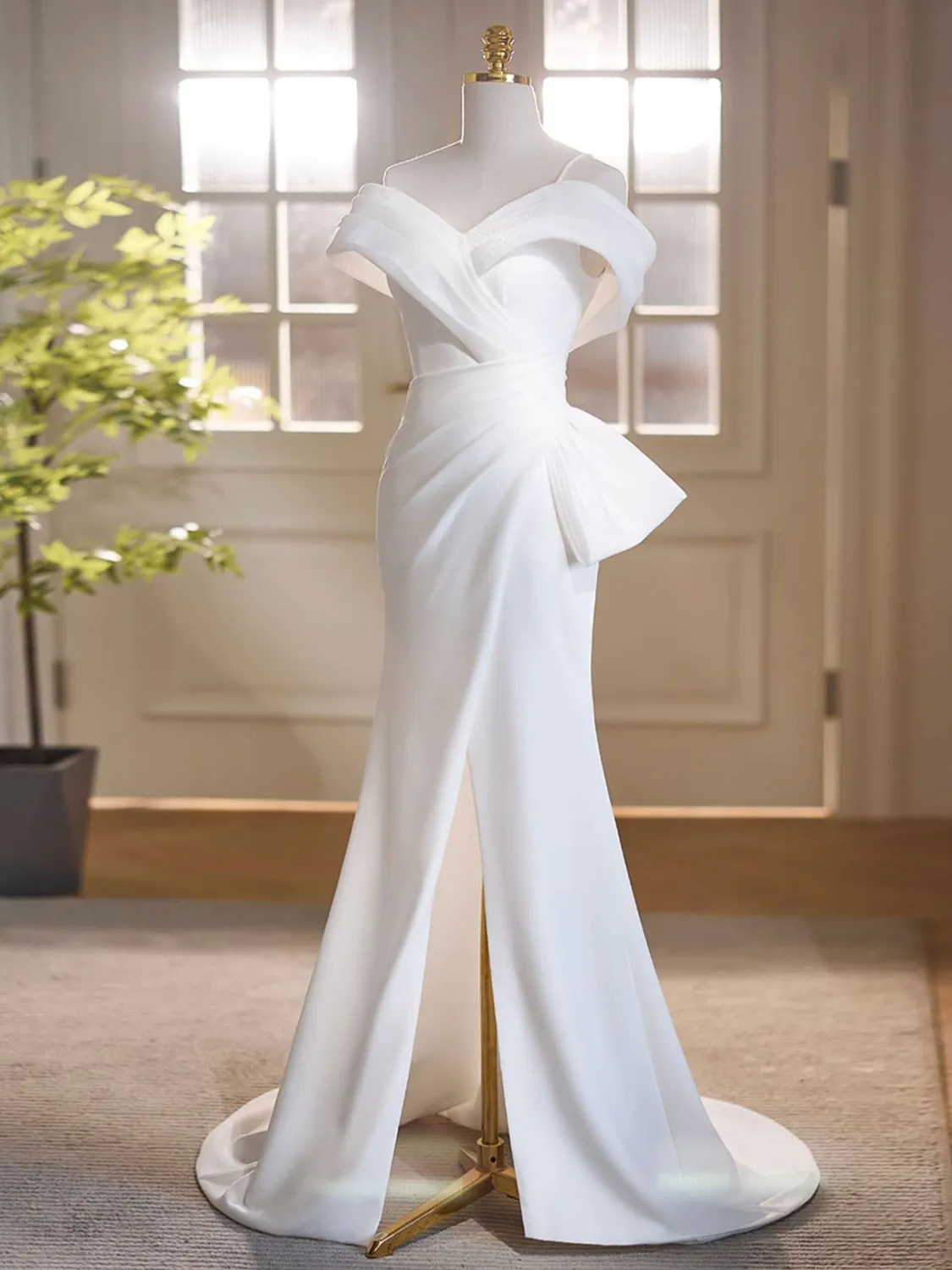 White Off Shoulder Satin Long Evening Dress | White Formal Dress with Slit