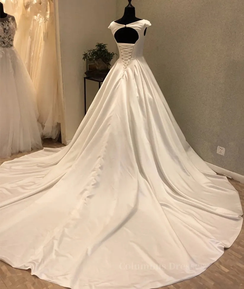 White round neck satin long prom gown, evening dress